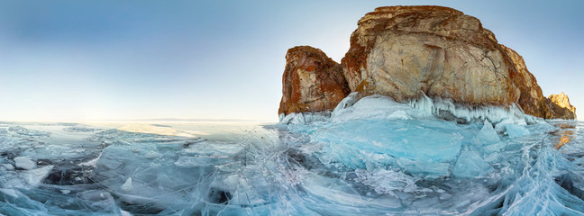 360vr 180 spherikal equirectangular panorama Ice hummocks on Lake Baikal island Olkhon