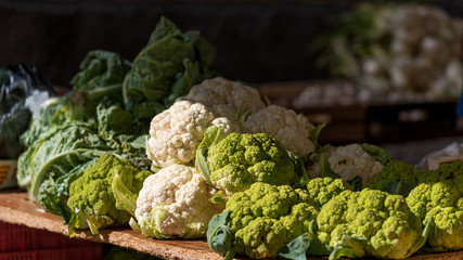 Cauliflower in the local market, Siurana, Catalunya, Spain. Close-up.