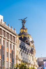 Fototapeta na wymiar MADRID, SPAIN - SEPTEMBER 26, 2017: View of Metropolis building. Copy space for text. Vertical.