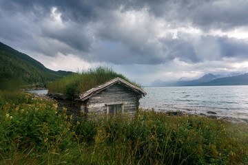 Traditional wooden hut with grass roof , Norway.