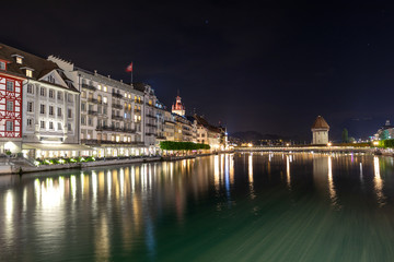 Mountain lake in the Alps at night. Lucerne at night.