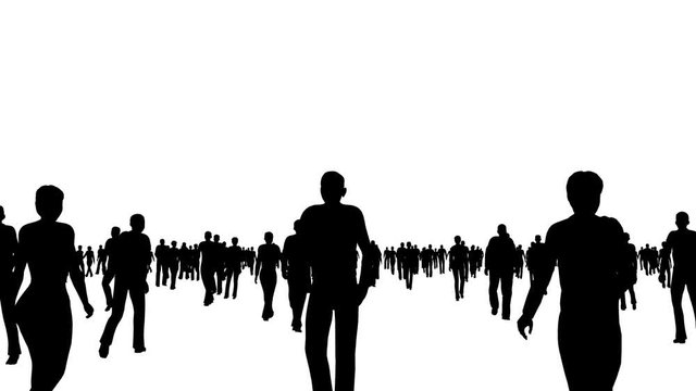 Crowd of silhouettes people moves on white