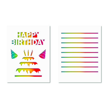 White birthday greeting card with a colorful cake and festive caps