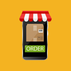Hand holding smartphone with parcel. Order goods from smartphone, pay online, shipping concept. Flat design vector illustration