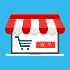 Order olline. Vector illustration. Online store concept. Sale, laptop with awning.