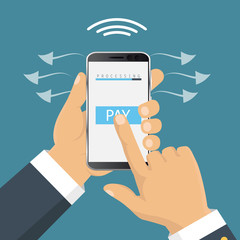 Vector illustration. Mobile payment concept. Hand holding a phone. Smartphone wireless money transfer. Flat design.