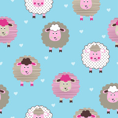 Seamless cute sheep pattern. Vector childish background for textile, fabric, wrapping paper.