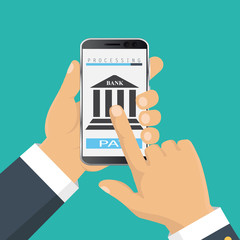 Vector flat illustration. Flat cartoon style. Send money via smartphone. Concept for mobile banking and online payment.