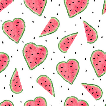Seamless watercolor watermelons pattern. Vector background with heart shaped watermelon slices.