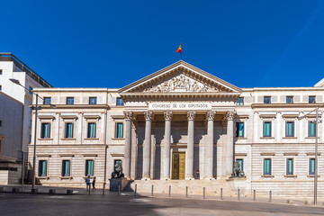 Fototapeta na wymiar MADRID, SPAIN - SEPTEMBER 26, 2017: Palacio de las Cortes or Congreso de los Diputados (Congress of Deputies). Copy space for text.