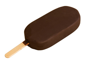 Ice cream with freezing chocolate glaze isolated on white background.