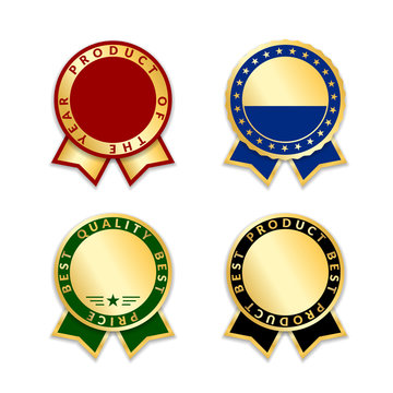 Ribbons award best product of year 2017 set. Gold ribbon award icons isolated white background. Best product golden label for prize, badge, medal, guarantee quality product. Vector illustration