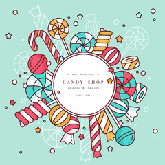 Candy shop round frame background with linear lollipops with sprinkles, spiral and caramel colorful sweets vector illustration.