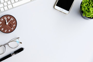 Office table with keyboard,mouse,Notebook,pen and cactus, copy space,Top view, flat lay,minimal style