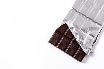  Chocolate bar wrapped isolated on white background. Top view. Copyspace