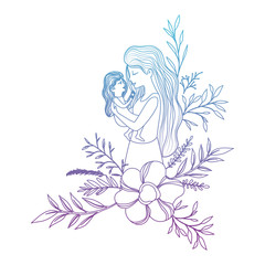mother lifting daughter with floral decoration vector illustration design