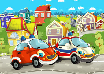 cartoon scene with happy vehicles on the street driving through the city - illustration for children