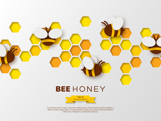 Paper cut style bee with honeycombs. Template design for beekiping and honey product. White background, vector illustration.