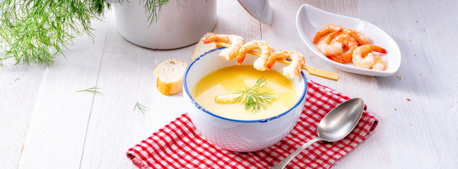 rustic asparagus soup with shrimp skew and diel