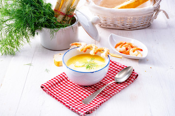 rustic asparagus soup with shrimp skew and diel