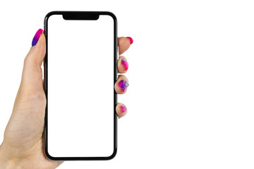 Smartphone mockup in woman hand. New modern black frameless smartphone mockup with blank white screen. Isolated on white background. Empty space for text. Copy space. Isolated white screen