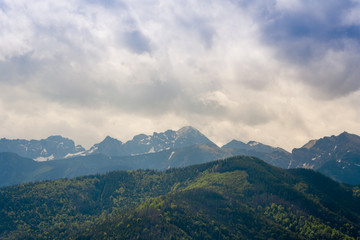 Inspiring Mountains Landscape Panorama, beautiful day in summer Tatras, mountain ridge over blue sky in Zakopane, Poland