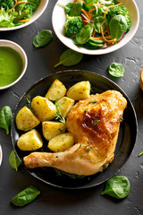 Chicken leg with potato and green salad