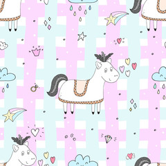 Cute seamless pattern with funny pony. vector illustration