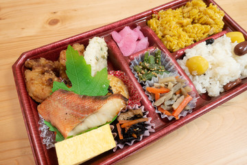 Japanese bento (rice plate) with varieties of dishes
