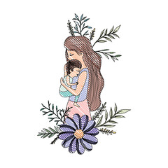 mother lifting son with floral decoration vector illustration design