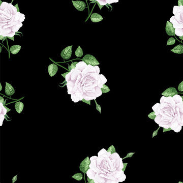 Rose flowers, petals and leaves in watercolor style on black background. Seamless pattern for textile, wrapping paper, package
