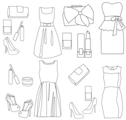sketch of female fashion items, dress, shoes, accessories
