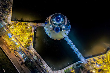 Aerial Top View of Amirul Mukminin Floating Mosque, Makassar Sulawesi Indonesia