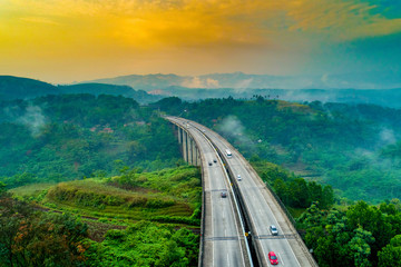 Aerial View of Modern Architectural Car Bridges, West Java Indonesia
