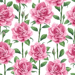 Fototapeten Rose flowers, petals and leaves in watercolor style on white background. Seamless pattern for textile, wrapping paper, package, © verock