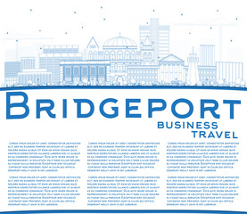 Outline Bridgeport Connecticut City Skyline with Blue Buildings and Copy Space.