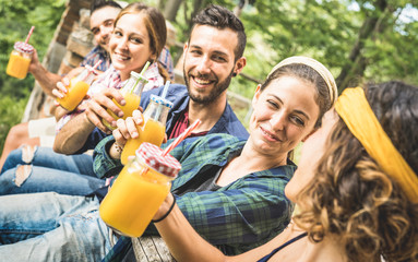 Happy friends drinking healthy orange fruit juice at countryside picnic - Young people millennials...