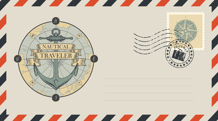 Postal envelope with stamp and rubber stamp. Illustration on the theme of travel, adventure and discovery with a ship anchor, old map, compass and ribbons with words Nautical, Traveler