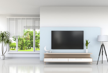 3D rendering of interior modern living room with Smart TV, cabinet, and decorations.