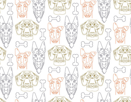Dog vector seamless pattern cute illustration home pets doggy different breed. Design icons. Spaniel, bulldog, chihuahua, chow-chow, jack russel terrier, yorkshire, scottish terrier, badger, pitbull. © 247920724