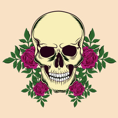 Skull with peonies. Vintage vector illustration on a beige background