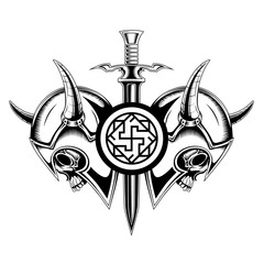 Symbolic image of sword and skulls in Viking helmets. The symbol of the Valkyries. Black and white isolated illustration