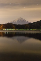 Mountain Fuji and Kawaguchiko lake at night time