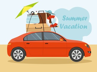 Summer time vacation with red car and luggage on the beach 