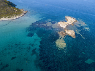 Vista aerea delle isole di Finocchiarola, Mezzana, A Terra, Penisola di Cap Corse, Corsica. Mar Tirreno, Isole disabitate che fanno parte del comune di Rogliano. Francia