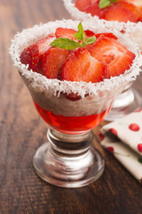 A serving of strawberry over tapioca and jelly