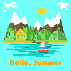 Summer nature poster with hello summer inscription on blue background with sea. Vector illustration