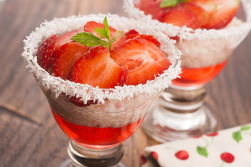 A serving of strawberry over tapioca and jelly