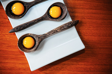 Molecular gastronomy creativity modern cuisine, Jelly dessert in wooden spoons on white plate