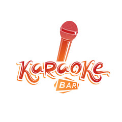 Karaoke bar lettering, vector microphone emblem. Leisure and relaxation lifestyle presentation